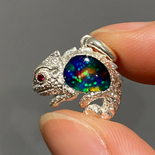 925 Silver Chameleon Pendant | Ruby Eye Totem Necklace | Handmade Enamel Animal Jewelry Gift for Her or Him