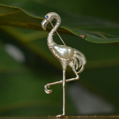 925 Silver Flamingo Brooch Pendant | Pearl Bird Jewelry | Handmade Elegant Gift for Women | Balance & Grace Symbol Pin