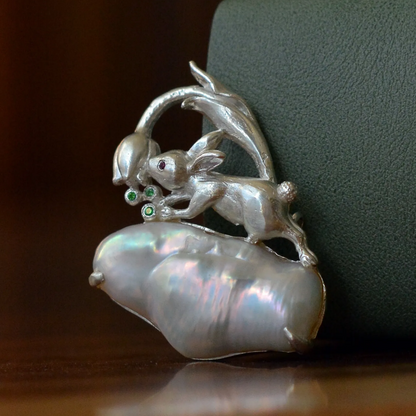 Rabbit Brooch Pendant 2-in-1 | 925 Silver & Freshwater Pearl | Handmade Fairy Tale Gift for Her