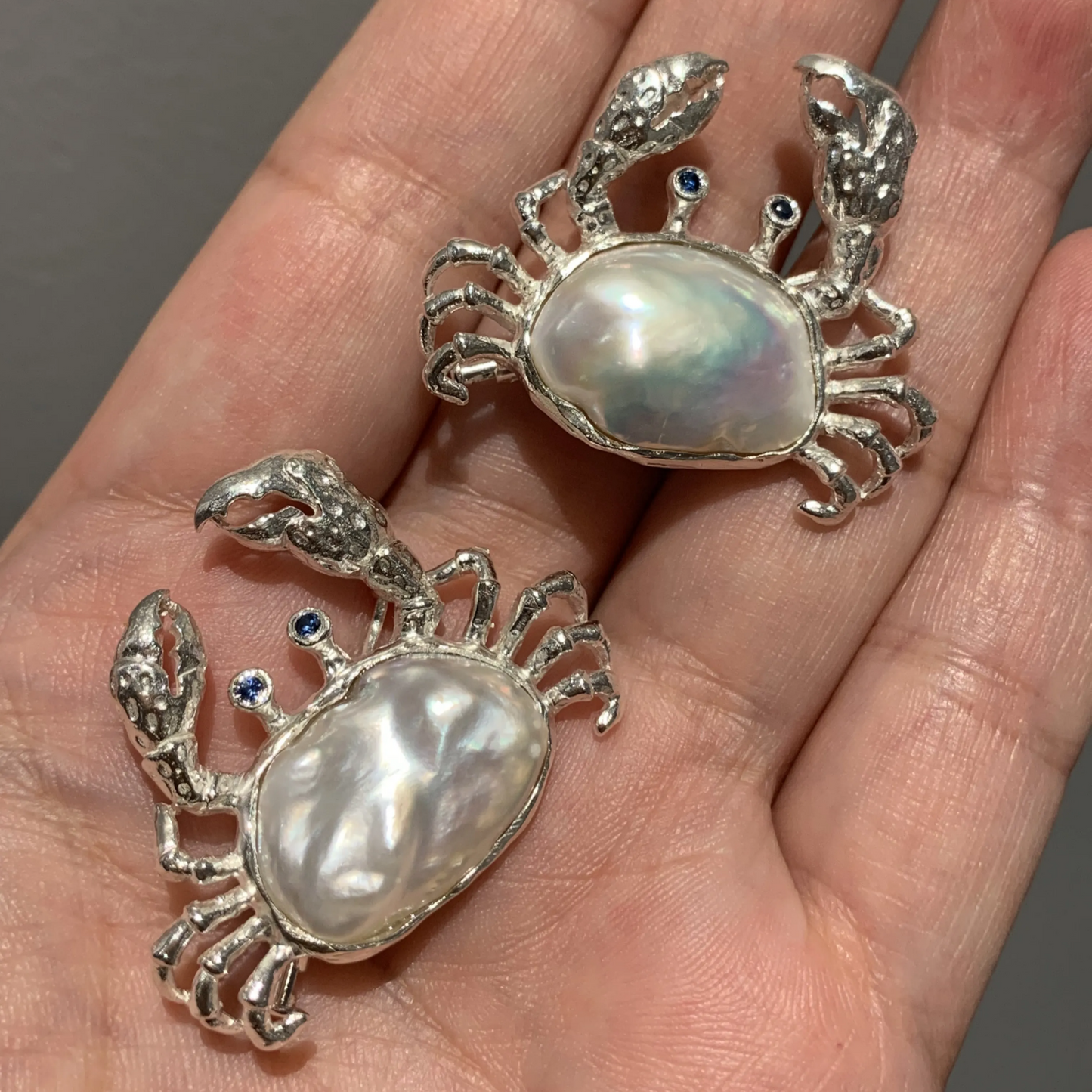 925 Silver Crab Brooch Pendant | Baroque Pearl & Sapphire Jewelry | Ocean Amulet Gift for Women