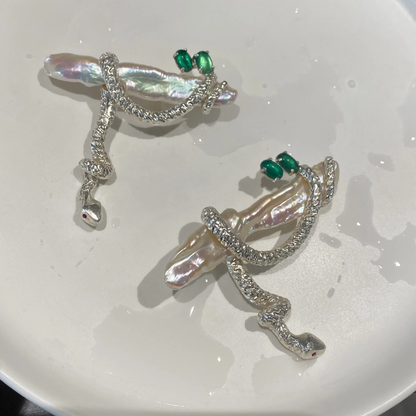 925 Silver Serpent Brooch Pendant | Ruby Eyes & Green Gem | Baroque Pearl Totem Jewelry | Healing Gift for Healers & Thinkers