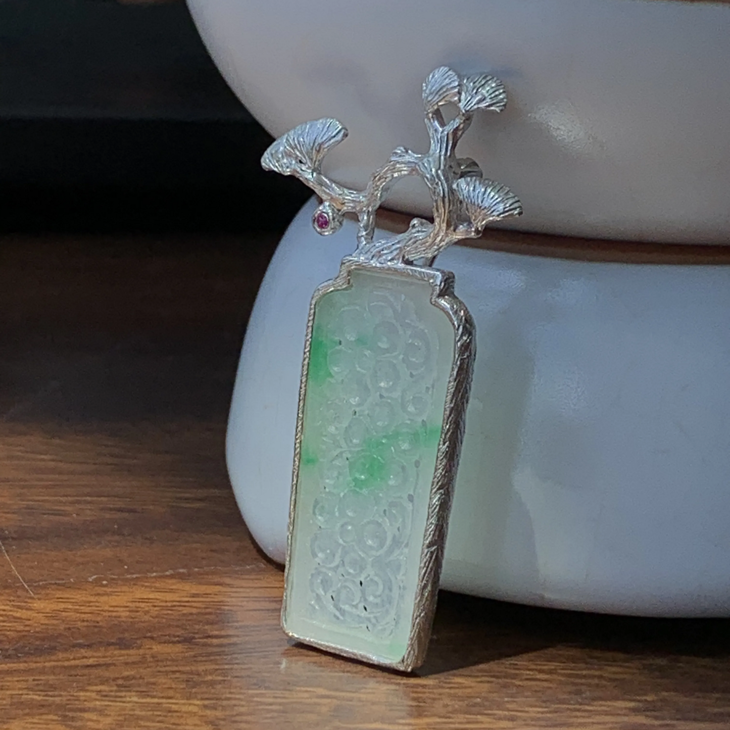 925 Silver Jade Pine Brooch Pendant | Peace & Longevity Amulet | Oriental Nature Jewelry | Gift for Parents or Elders