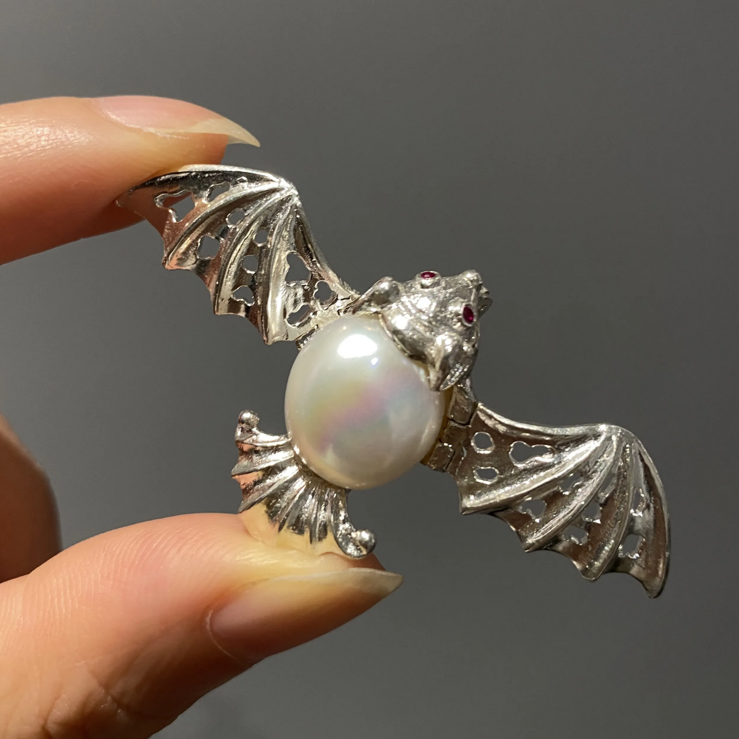 Bat Brooch Pendant | 925 Silver & Freshwater Pearl | Handmade Gothic Totem Jewelry Gift for Protection & Insight