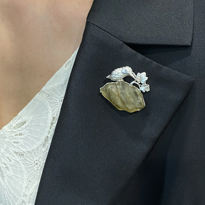 925 Silver Bird Brooch Pendant | Meteorite Glass & Sapphire Eye | Handmade Nature Amulet Jewelry