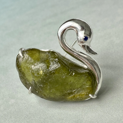 Swan Brooch Pendant | 925 Silver & Raw Tourmaline | Handmade Nature Amulet Gift for Her