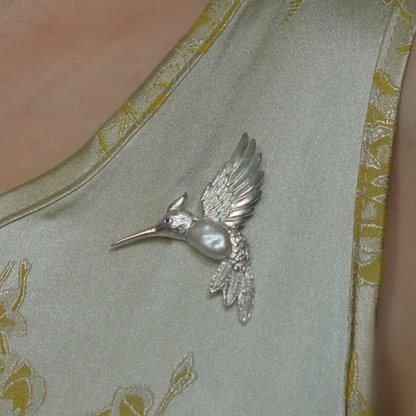 925 Silver Hummingbird Brooch Pendant | Natural Pearl & Sapphire Jewelry | Handmade Gift for Women | Spiritual Animal Totem Pin