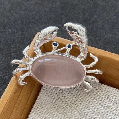 Crab Brooch Pendant in 925 Silver with Rose Quartz | Handmade Zodiac Cancer Totem Jewelry | Emotional Healing