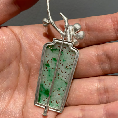 925 Silver Jade Vase Brooch｜Natural Jade Inlay｜Floral Silver Design with Yellow Gem｜Elegant Oriental Jewelry Gift