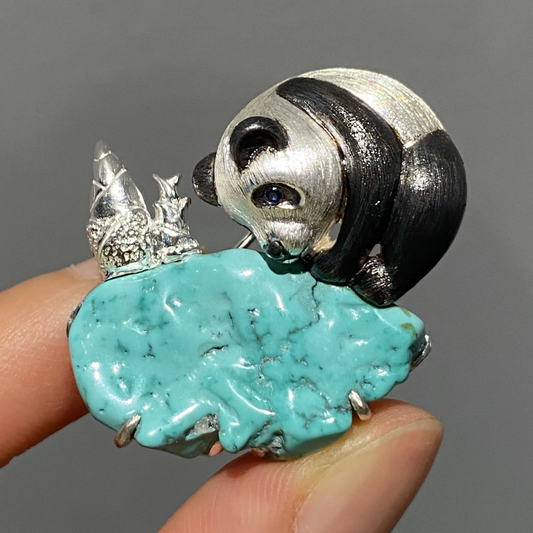 Panda Brooch Pendant in 925 Silver & Raw Turquoise | Handmade Animal Totem Jewelry | Healing Gift for Her or Nature Lovers