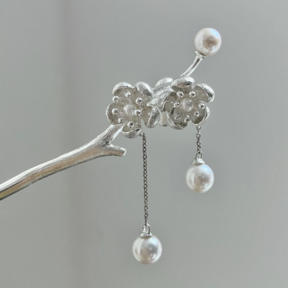 Silver Hair Stick with Pearls | Handmade Floral Hairpin | Elegant Bridal & Hanfu Gift for Her