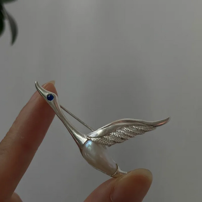 925 Silver Goose Brooch Pendant | Pearl & Sapphire Bird Jewelry | Handmade Animal Totem Gift for Her or Long-Distance Love