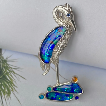 Heron Brooch Pendant | 925 Silver & Enamel | Handmade Spiritual Bird Jewelry Gift for Wisdom & Serenity