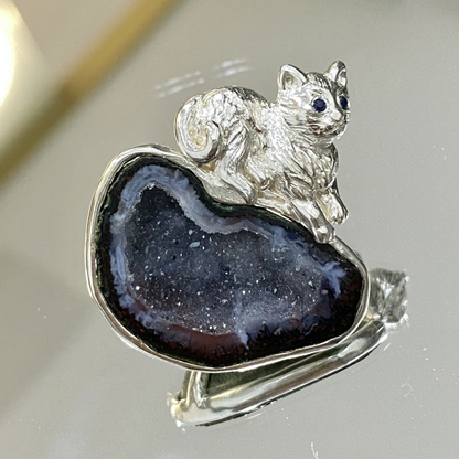 Cat Brooch Pendant in 925 Silver & Druzy Crystal | Handmade Jewelry with Sapphire Eyes | Gift for Cat Lovers