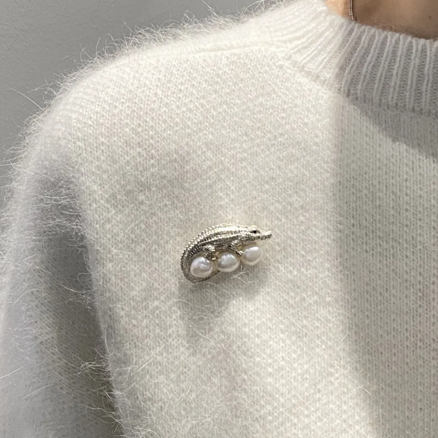 925 Silver Crocodile Brooch Pendant | Freshwater Pearl & Ruby Eyes | Gift of Strength & Protection