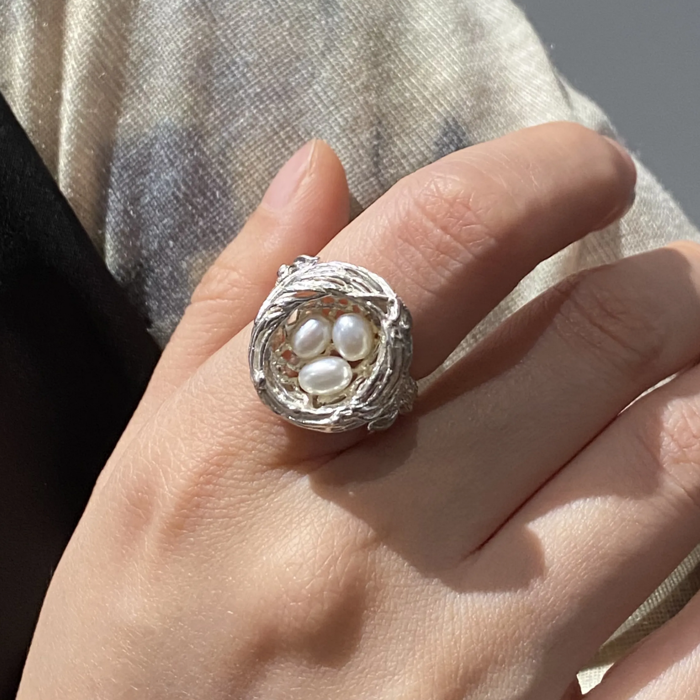 925 Silver Bird Nest Ring | Pearl Nature Jewelry | Handmade Branch Design | Symbol of Home & Love | Gift for Mother or Partner