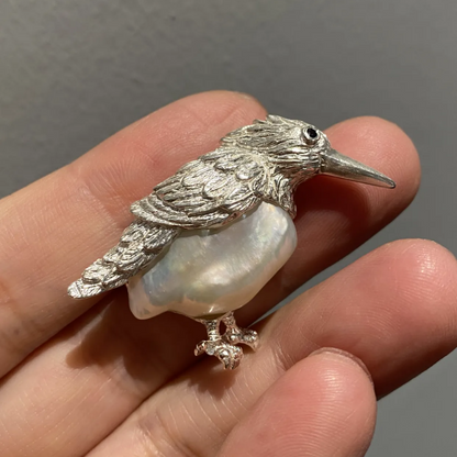 Bird Brooch Pendant | 925 Silver, Pearl & Sapphire | Handmade Nature Jewelry Gift for Her