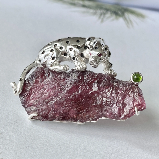 Leopard Brooch Pendant | 925 Silver & Raw Tourmaline | Handmade Animal Totem Gift for Strength & Healing