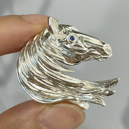 Horse Brooch Pendant | 925 Silver & Sapphire Eye | Handmade Animal Totem Jewelry Gift for Strength & Freedom