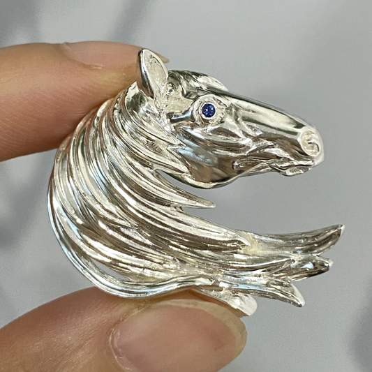 Horse Brooch Pendant | 925 Silver & Sapphire Eye | Handmade Animal Totem Jewelry Gift for Strength & Freedom