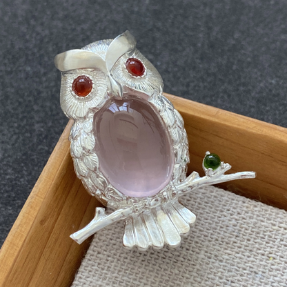 Owl Brooch Pendant in 925 Silver with Rose Quartz & Garnet Eyes | Handmade Wisdom Amulet Jewelry | Gift for Her