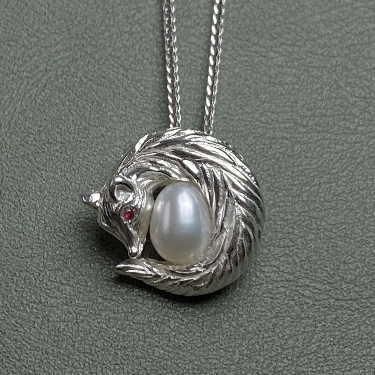 Sleeping Fox Necklace in 925 Silver with Pearl & Ruby | Handmade Animal Totem Pendant | Gift for Her or Self-Care Jewelry