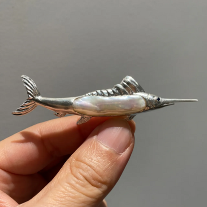 925 Silver Sailfish Brooch Pendant | Pearl & Sapphire Ocean Jewelry | Handmade Sea Totem Gift for Sailors & Dreamers