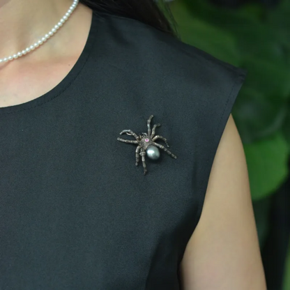 925 Silver Spider Brooch Pendant | Black Pearl Gothic Jewelry | Handmade Myth-Inspired Gift for Artists & Dark Aesthetics Lovers