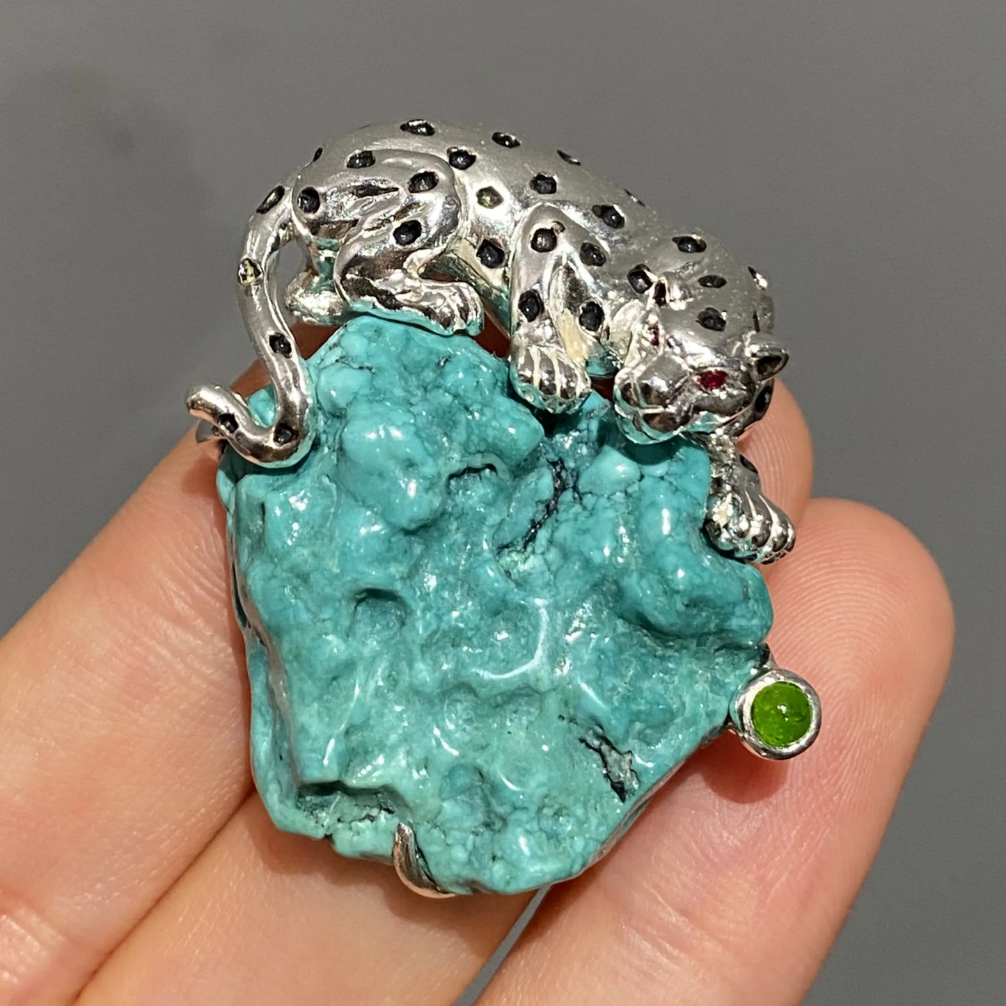 925 Silver Leopard Brooch Pendant | Turquoise & Ruby Animal Jewelry | Handmade Totem Gift for Strength & Courage