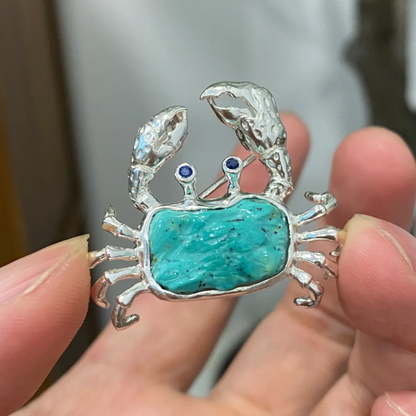 Crab Brooch Pendant in 925 Silver & Natural Turquoise | Handmade Zodiac Cancer Totem Jewelry | Gift for Her