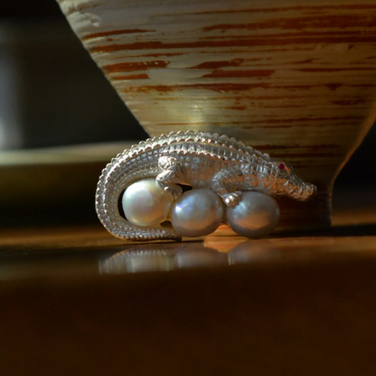 925 Silver Crocodile Brooch Pendant | Freshwater Pearl & Ruby Eyes | Gift of Strength & Protection