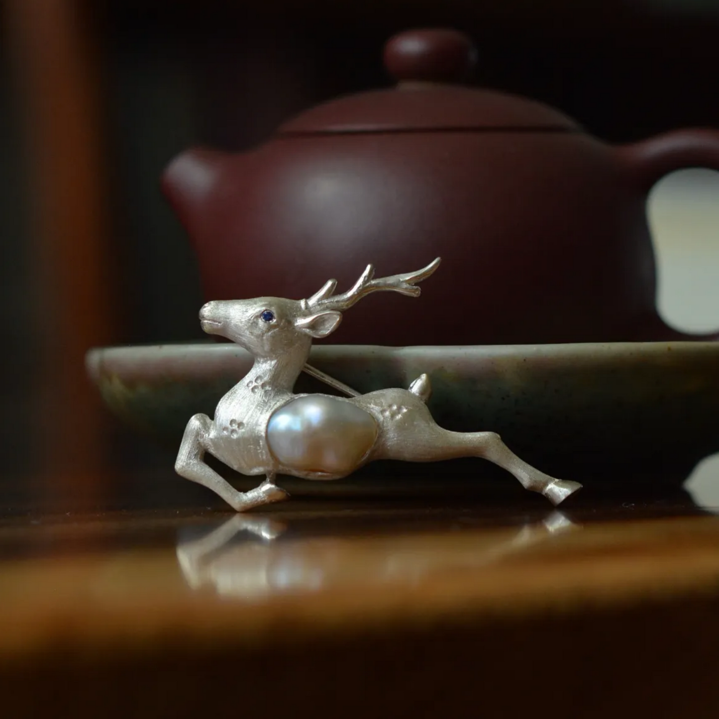 Running Deer Brooch Pendant | 925 Silver & Pearl | Handmade Nature Gift for Her