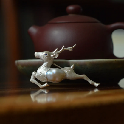 Running Deer Brooch Pendant | 925 Silver & Pearl | Handmade Nature Gift for Her