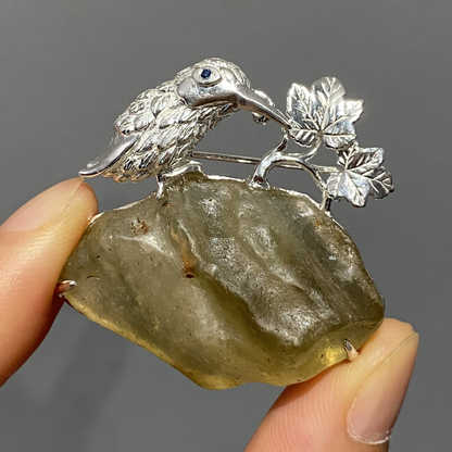 925 Silver Bird Brooch Pendant | Meteorite Glass & Sapphire Eye | Handmade Nature Amulet Jewelry