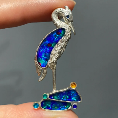 Heron Brooch Pendant | 925 Silver & Enamel | Handmade Spiritual Bird Jewelry Gift for Wisdom & Serenity
