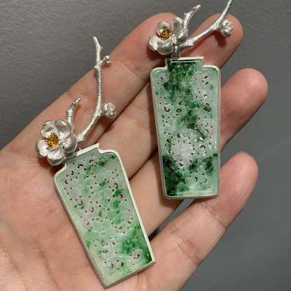 925 Silver Jade Vase Brooch｜Natural Jade Inlay｜Floral Silver Design with Yellow Gem｜Elegant Oriental Jewelry Gift