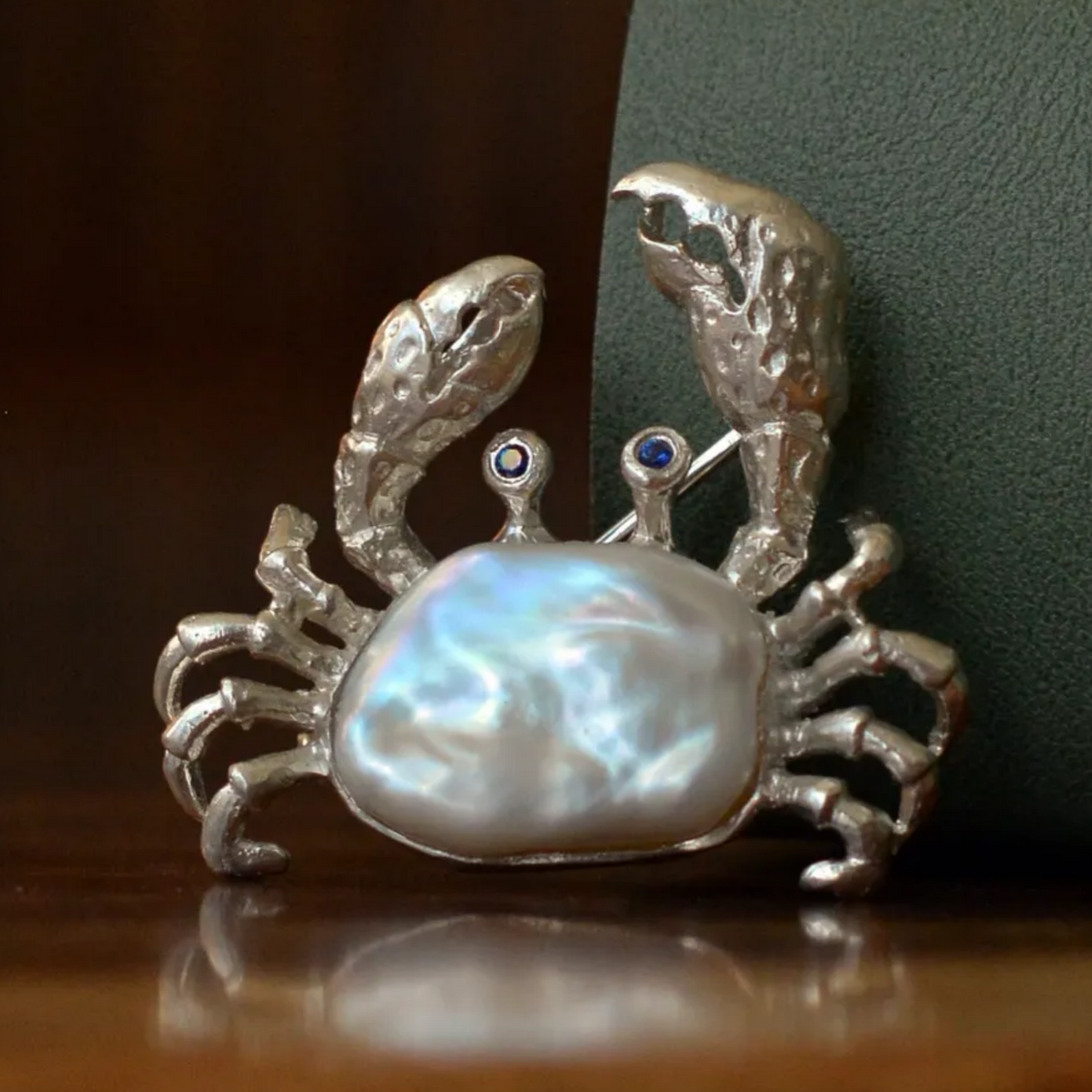 925 Silver Crab Brooch Pendant | Baroque Pearl & Sapphire Jewelry | Ocean Amulet Gift for Women