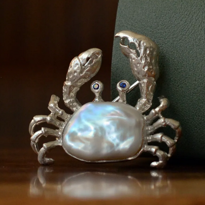 925 Silver Crab Brooch Pendant | Baroque Pearl & Sapphire Jewelry | Ocean Amulet Gift for Women