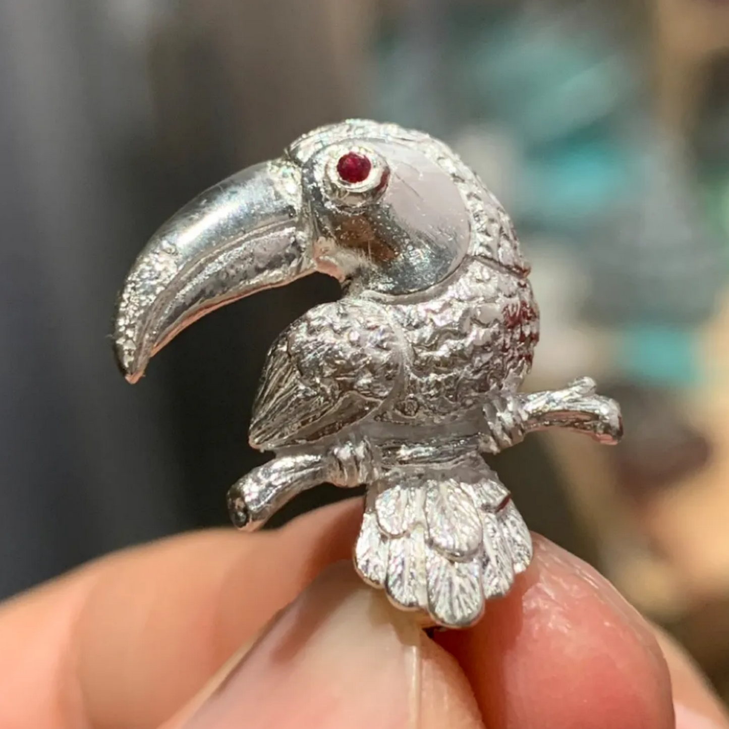 Toucan Brooch Pendant | 925 Silver & Ruby | Handmade Bird Totem Jewelry Gift for Animal Lovers