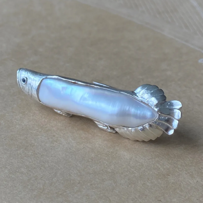 925 Silver Arowana Fish Brooch Pendant | Pearl & Sapphire Jewelry | Handmade Lucky Charm Gift for Success & Protection