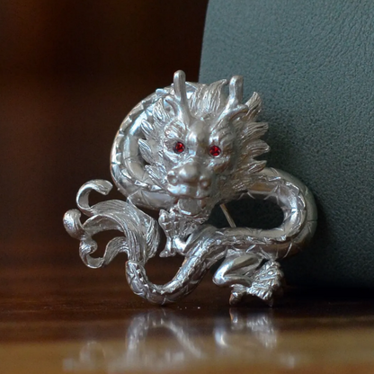 Dragon Brooch Pendant | 925 Silver & Ruby Eyes | Handmade Mythic Totem Jewelry Gift for Men