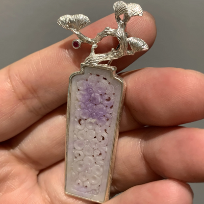 925 Silver Jade Pine Brooch Pendant | Peace & Longevity Amulet | Oriental Nature Jewelry | Gift for Parents or Elders