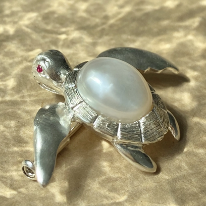 925 Silver Turtle Brooch Pendant | Pearl & Ruby Handmade Jewelry | Ocean Totem Gift for Creators & Dreamers