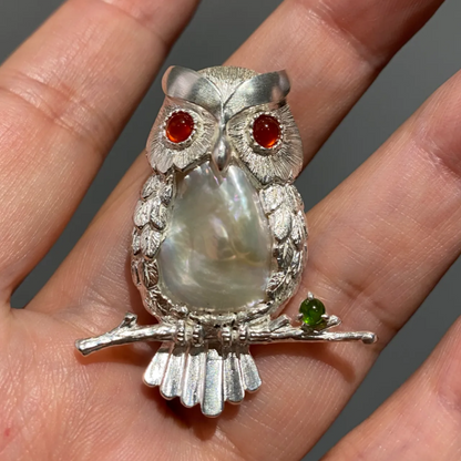 Handmade 925 Silver Owl Brooch Pendant | Pearl, Carnelian & Diopside Jewelry |  Gift for Teacher or Mom