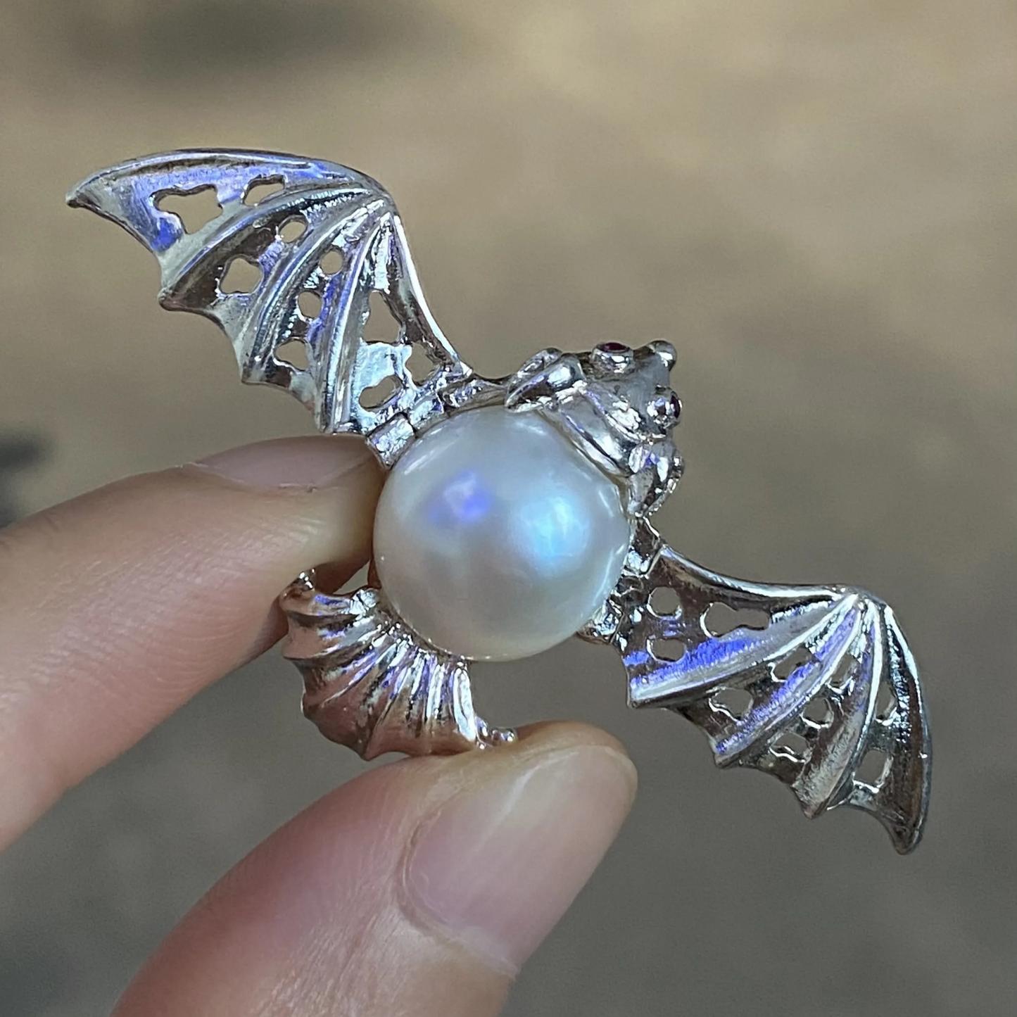 Bat Brooch Pendant | 925 Silver & Freshwater Pearl | Handmade Gothic Totem Jewelry Gift for Protection & Insight