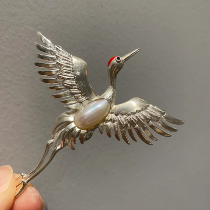 925 Silver Crane Brooch Pendant | Baroque Pearl Bird Jewelry | Oriental Handmade Gift for Mom or Elder | Blessing Totem Pin