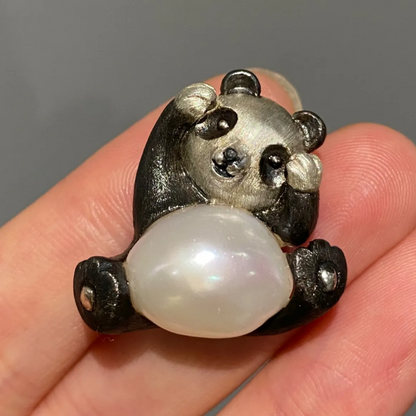 925 Silver Panda Brooch Pendant | Freshwater Pearl Jewelry | Handmade Animal Totem | Gift for Women & Panda Lovers