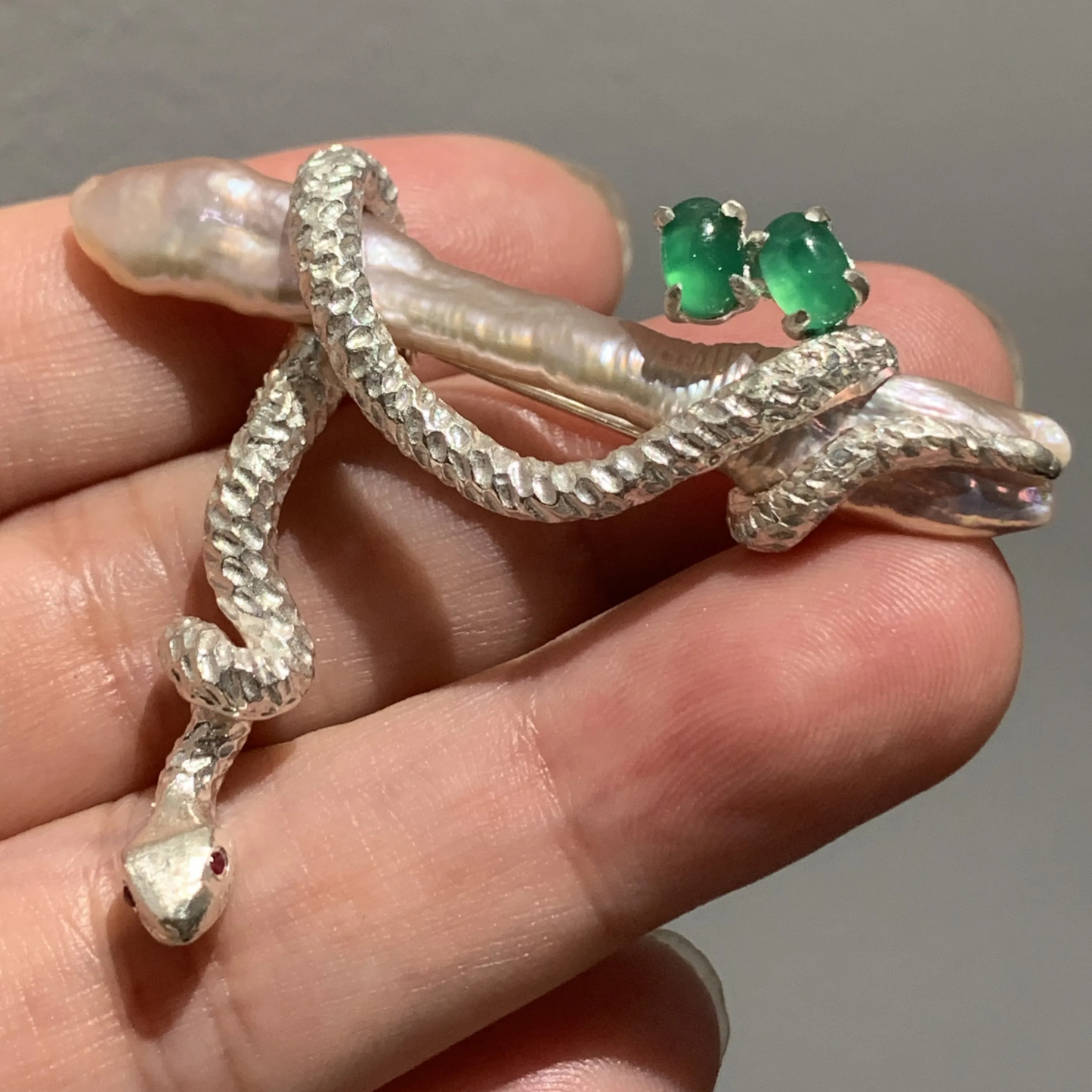 925 Silver Serpent Brooch Pendant | Ruby Eyes & Green Gem | Baroque Pearl Totem Jewelry | Healing Gift for Healers & Thinkers