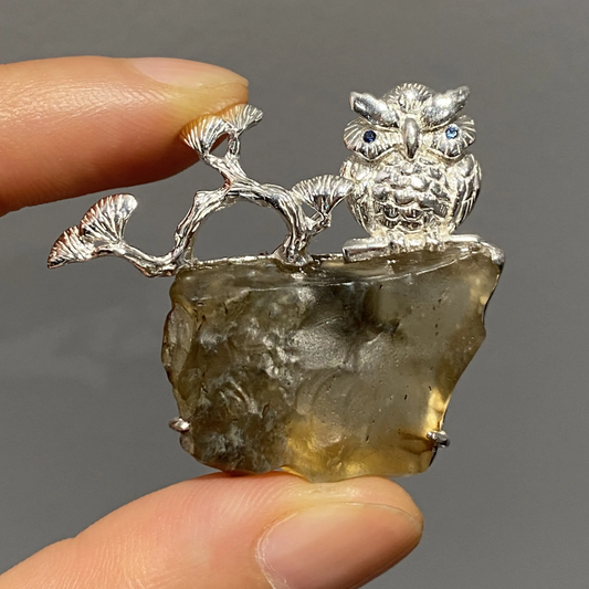 Owl Brooch Pendant | 925 Silver & Tektite Glass | Handmade Wisdom Totem Jewelry Gift for Protection & Reflection