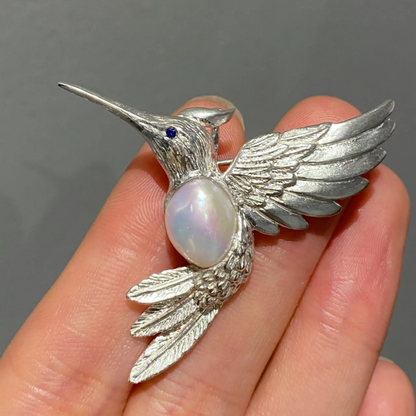 925 Silver Hummingbird Brooch Pendant | Natural Pearl & Sapphire Jewelry | Handmade Gift for Women | Spiritual Animal Totem Pin