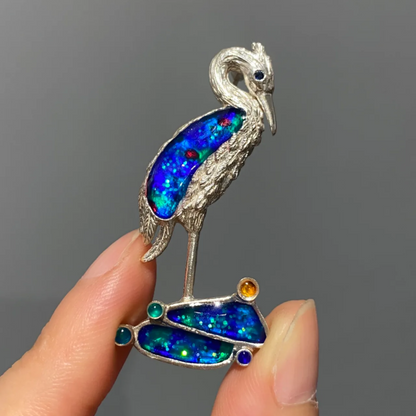 Heron Brooch Pendant | 925 Silver & Enamel | Handmade Spiritual Bird Jewelry Gift for Wisdom & Serenity